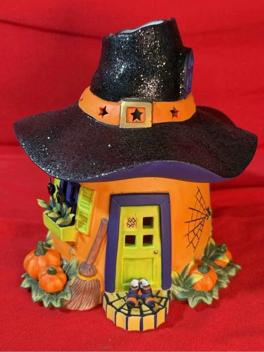 PartyLite Halloween Witch Hat House Ceramic Decor - Black, Orange, Purple, Green